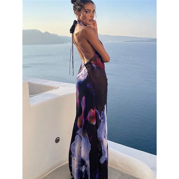 Commense Dresses & Skirts - Commense Semi-Sheer Floral Halter Maxi Dress‎ Open Back Party Dress size M